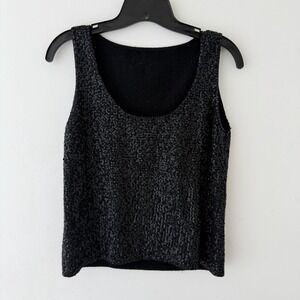 100% Cashmere Sequin Tank Top Black Sleeveless Knit Sweater M Chic Glam Evening